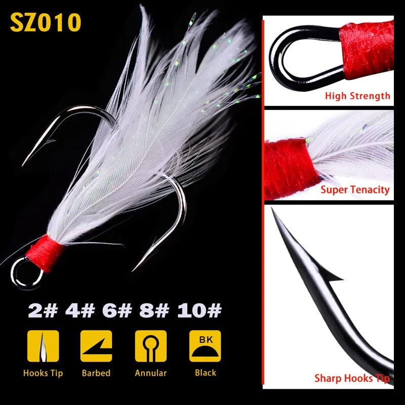 20pcs/lot Fish treble hook 2#-10# Black /Red Fishing Hook with 6 Colors Feather Fishing Tackle High Carbon Steel Hooks