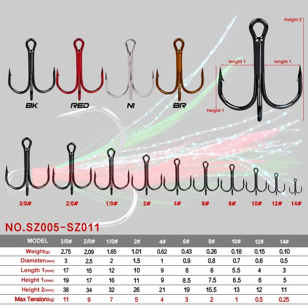 20pcs/lot Fish treble hook 2#-10# Black /Red Fishing Hook with 6 Colors Feather Fishing Tackle High Carbon Steel Hooks
