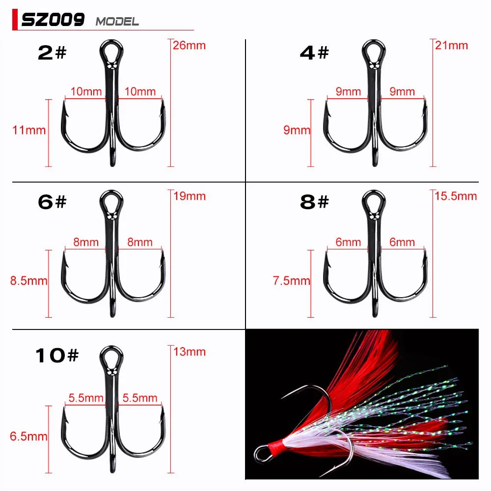 20pcs/lot Fish treble hook 2#-10# Black /Red Fishing Hook with 6 Colors Feather Fishing Tackle High Carbon Steel Hooks