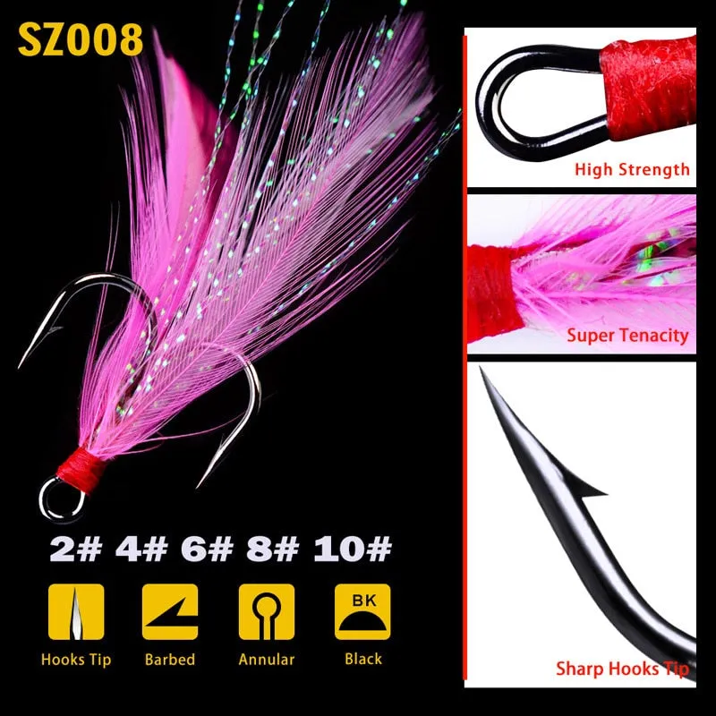 20pcs/lot Fish treble hook 2#-10# Black /Red Fishing Hook with 6 Colors Feather Fishing Tackle High Carbon Steel Hooks