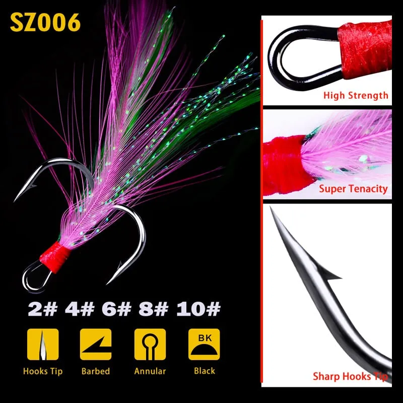 20pcs/lot Fish treble hook 2#-10# Black /Red Fishing Hook with 6 Colors Feather Fishing Tackle High Carbon Steel Hooks