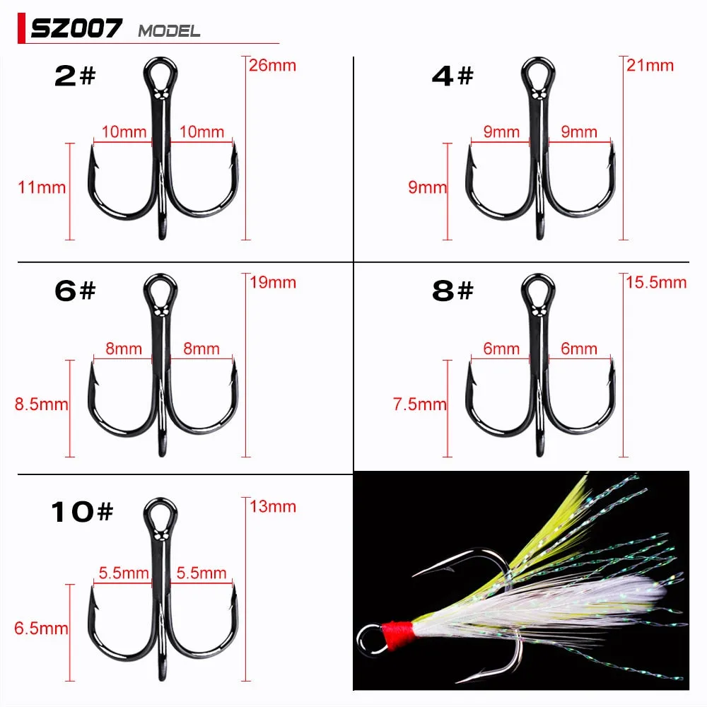 20pcs/lot Fish treble hook 2#-10# Black /Red Fishing Hook with 6 Colors Feather Fishing Tackle High Carbon Steel Hooks