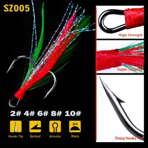 20pcs/lot Fish treble hook 2#-10# Black /Red Fishing Hook with 6 Colors Feather Fishing Tackle High Carbon Steel Hooks