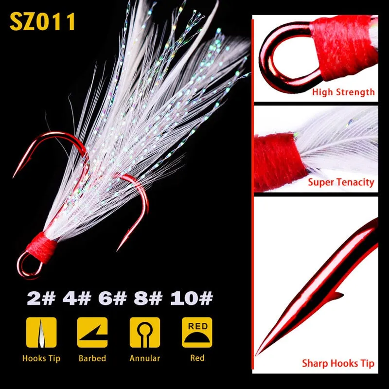 20pcs/lot Fish treble hook 2#-10# Black /Red Fishing Hook with 6 Colors Feather Fishing Tackle High Carbon Steel Hooks