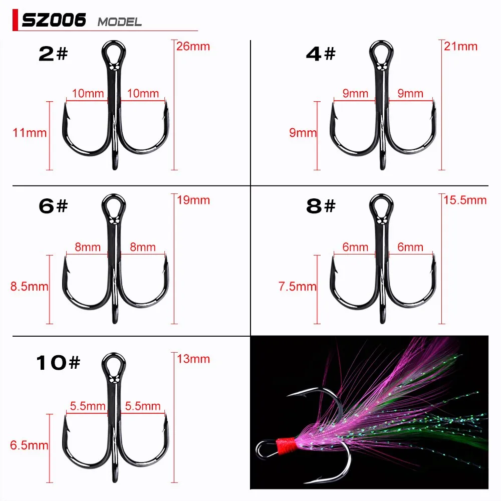 20pcs/lot Fish treble hook 2#-10# Black /Red Fishing Hook with 6 Colors Feather Fishing Tackle High Carbon Steel Hooks