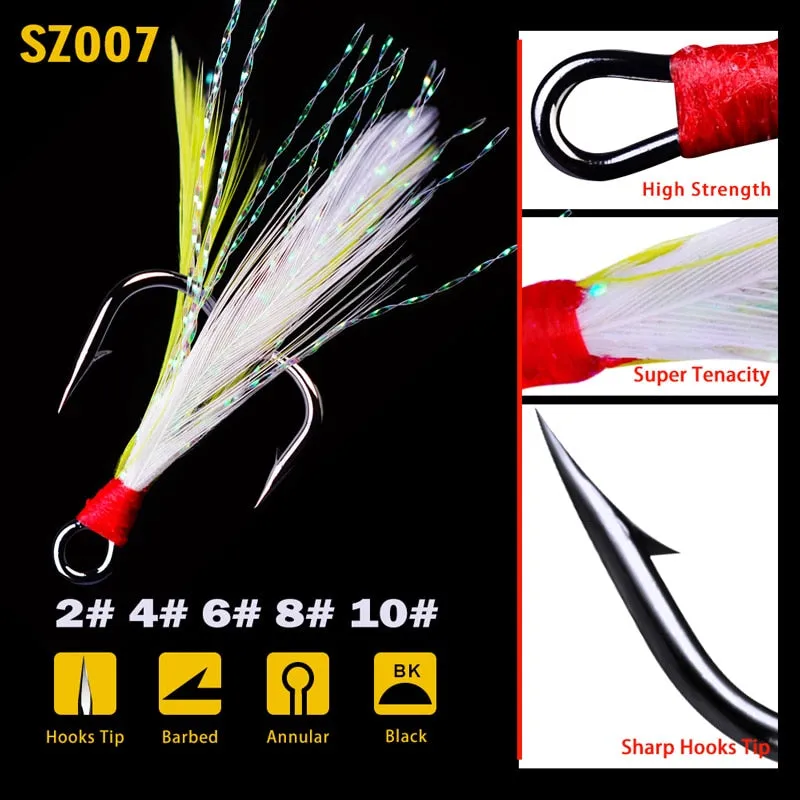 20pcs/lot Fish treble hook 2#-10# Black /Red Fishing Hook with 6 Colors Feather Fishing Tackle High Carbon Steel Hooks