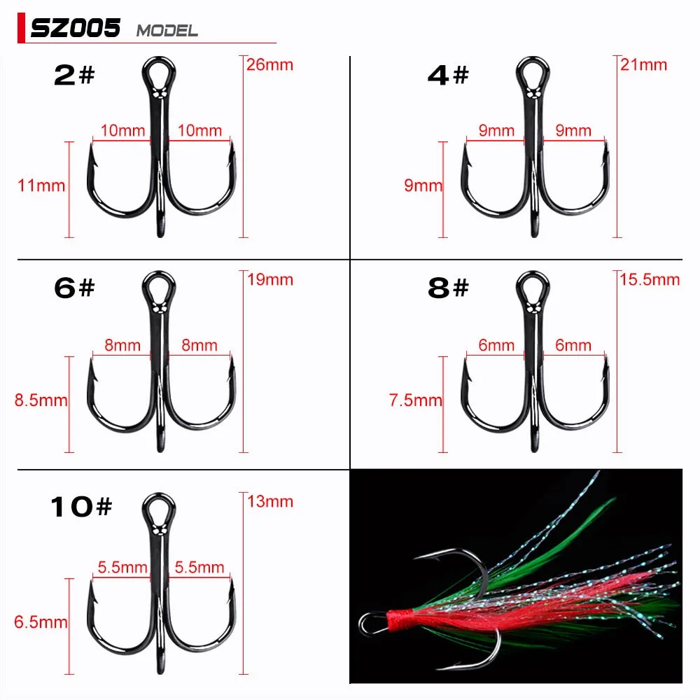 20pcs/lot Fish treble hook 2#-10# Black /Red Fishing Hook with 6 Colors Feather Fishing Tackle High Carbon Steel Hooks
