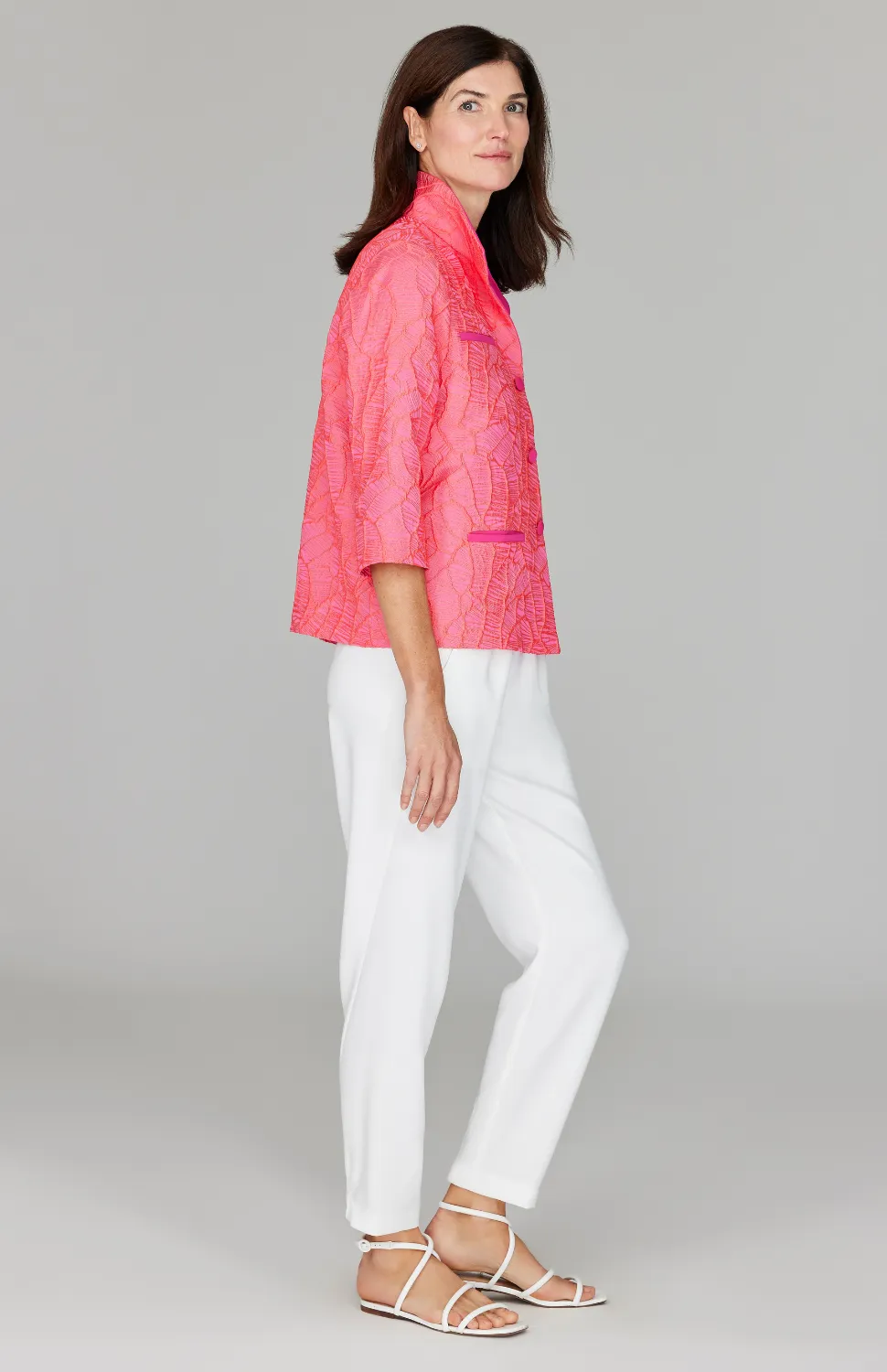 Abstract Botanic Stretch Jacquard Short Boxy Jacket w/ Pocket Detail