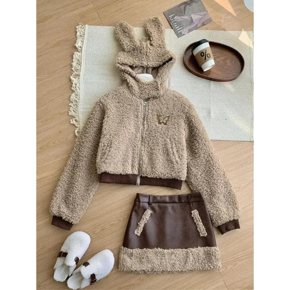 Adorable Rabbit Ear Hood Set with Faux Fur Details and Skirt