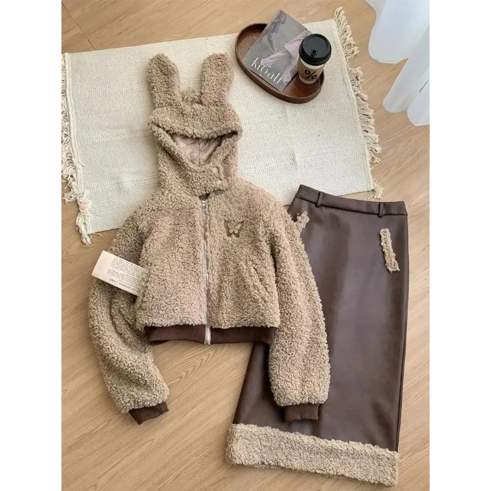 Adorable Rabbit Ear Hood Set with Faux Fur Details and Skirt