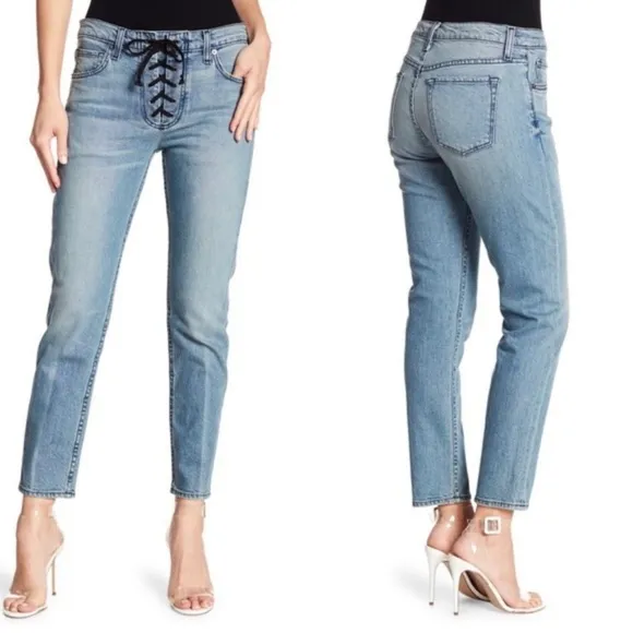 A.L.C. Women's Light Wash Yoko Lace Up Front Mid Rise Slim Relaxed Jeans ALC 8