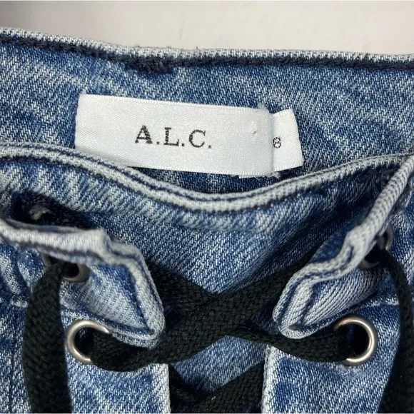 A.L.C. Women's Light Wash Yoko Lace Up Front Mid Rise Slim Relaxed Jeans ALC 8