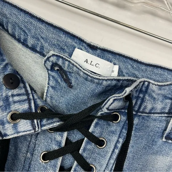 A.L.C. Women's Light Wash Yoko Lace Up Front Mid Rise Slim Relaxed Jeans ALC 8
