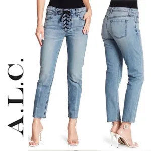 A.L.C. Women's Light Wash Yoko Lace Up Front Mid Rise Slim Relaxed Jeans ALC 8