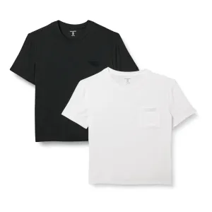 Amazon Essentials Women's Jersey Relaxed-Fit Short-Sleeve Crewneck Pocket T-Shirt, Pack of 2, Black/White, Small