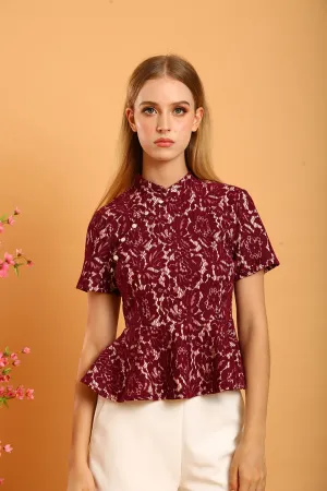 Aubrey Mandarin Collar Lace Top in Red