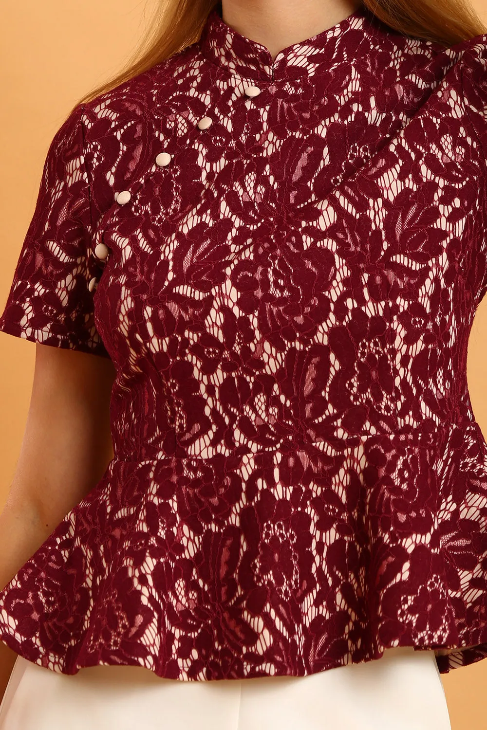 Aubrey Mandarin Collar Lace Top in Red