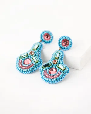 Beaded statement peach blue dangles with swarovski crystals