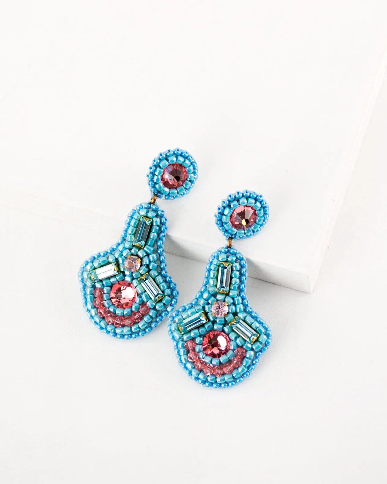 Beaded statement peach blue dangles with swarovski crystals