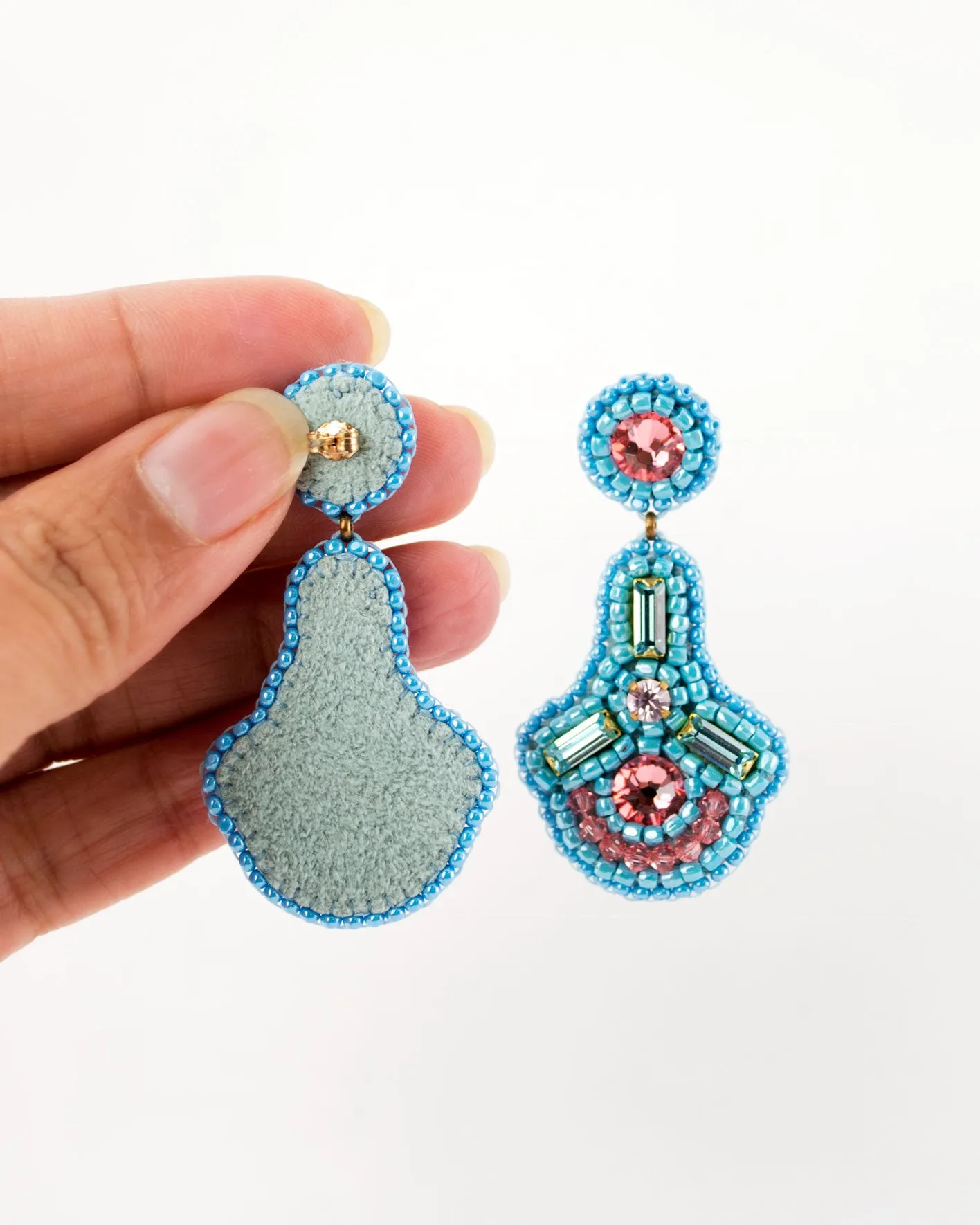 Beaded statement peach blue dangles with swarovski crystals