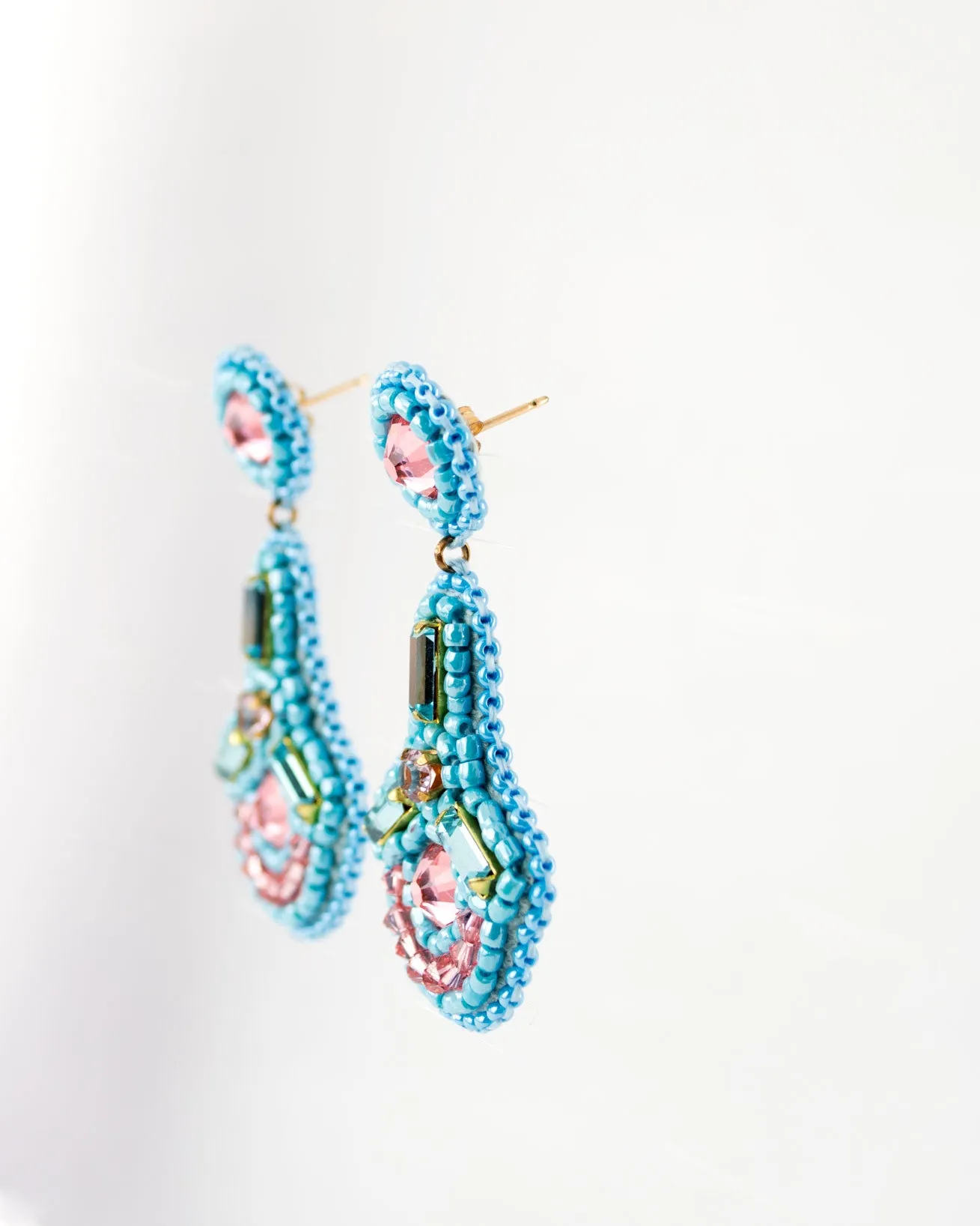 Beaded statement peach blue dangles with swarovski crystals