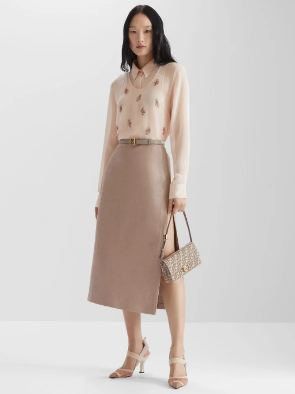 Beige Waxed Linen Midi Skirt