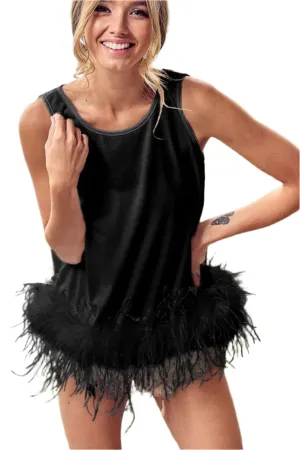 BiBi French Terry Faux Feather Bottom Back Tied Top