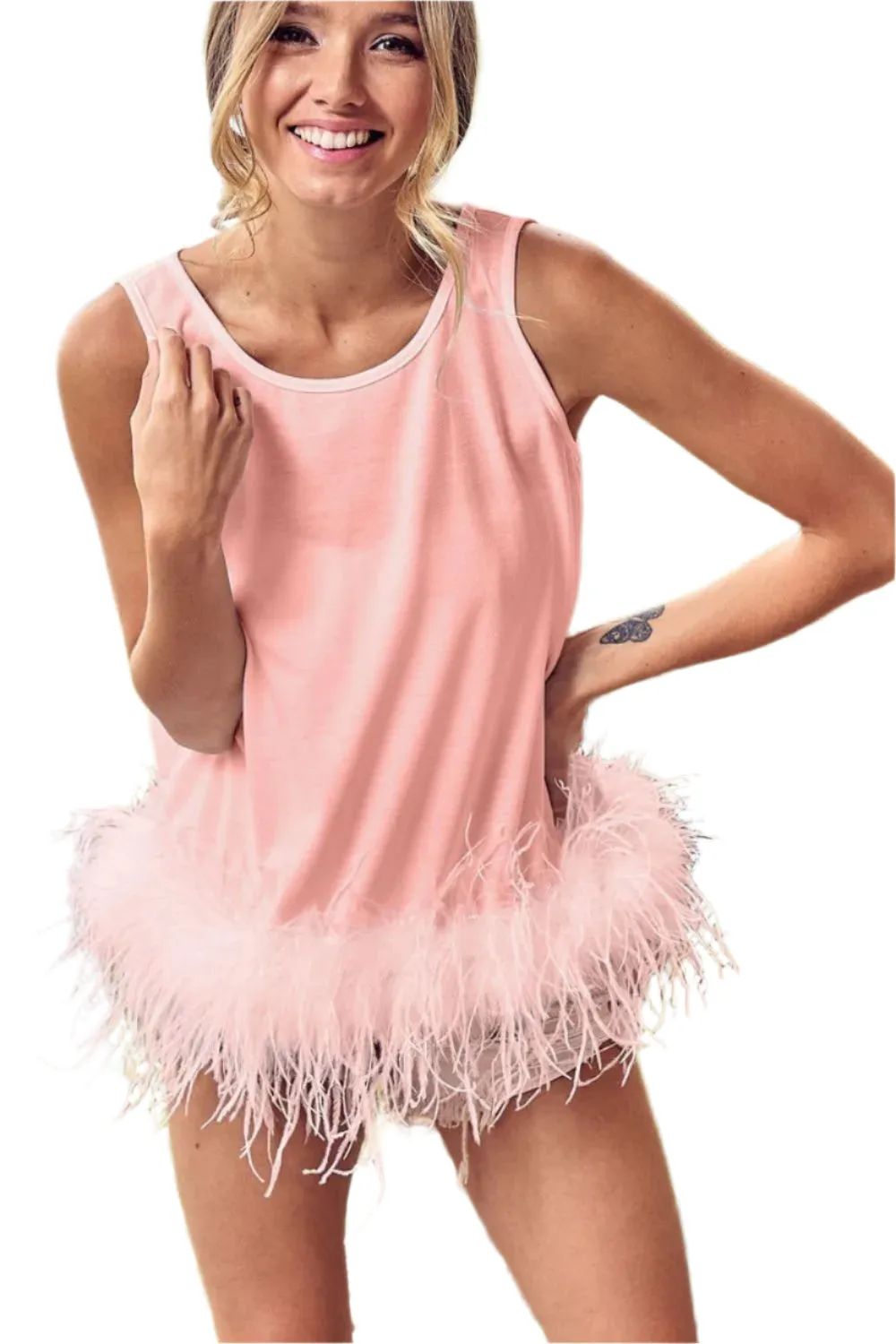 BiBi French Terry Faux Feather Bottom Back Tied Top