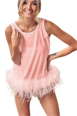 BiBi French Terry Faux Feather Bottom Back Tied Top