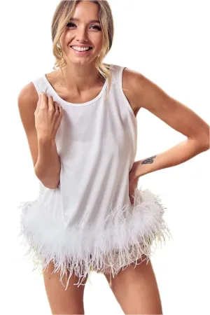 BiBi French Terry Faux Feather Bottom Back Tied Top
