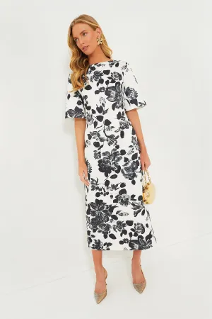 Black Flowers on Ivory Kora Rounded Twill Dress