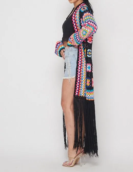 Black Multi-Color Crochet Cardigan