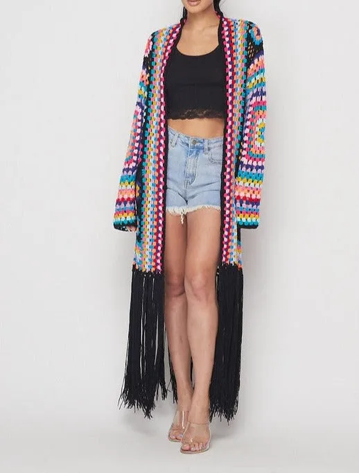 Black Multi-Color Crochet Cardigan