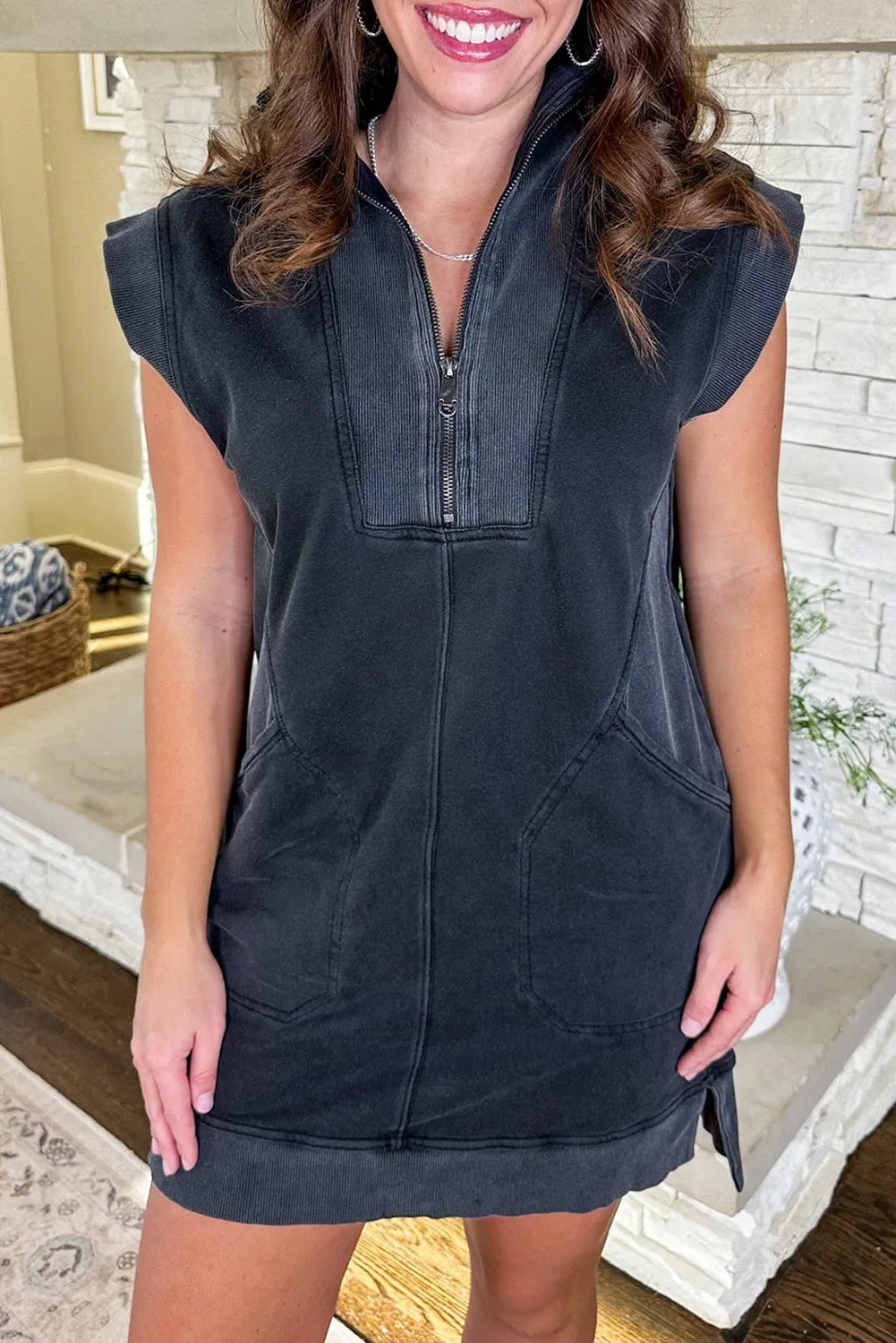 Black Zipped Collared Cap Sleeve Pocketed Sweatshirt Dress