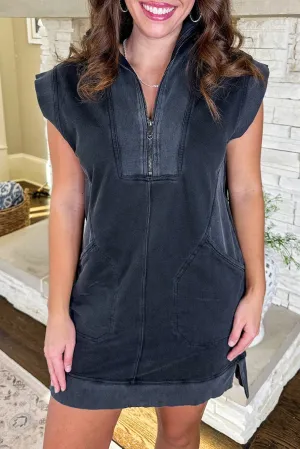 Black Zipped Collared Cap Sleeve Pocketed Sweatshirt Dress