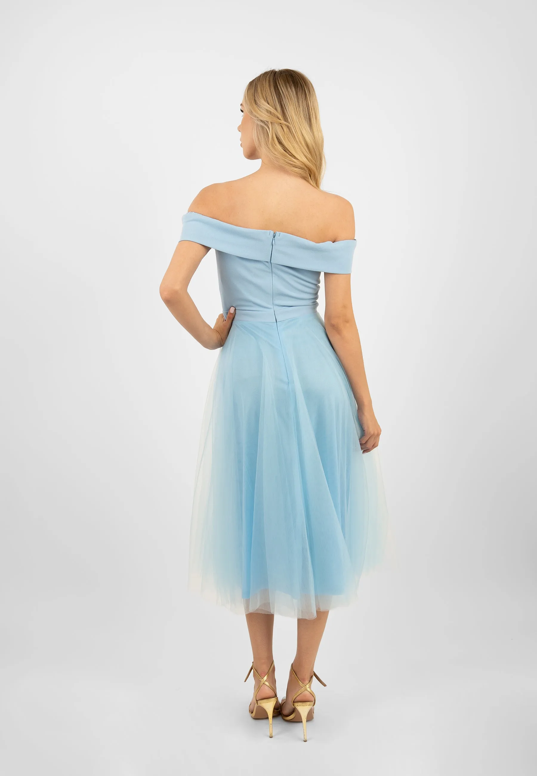 Blue Tulle Midi Dress with Slit