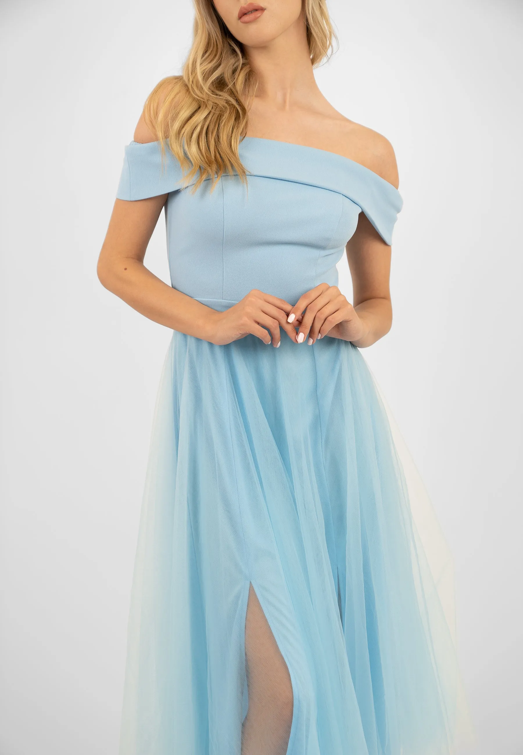 Blue Tulle Midi Dress with Slit