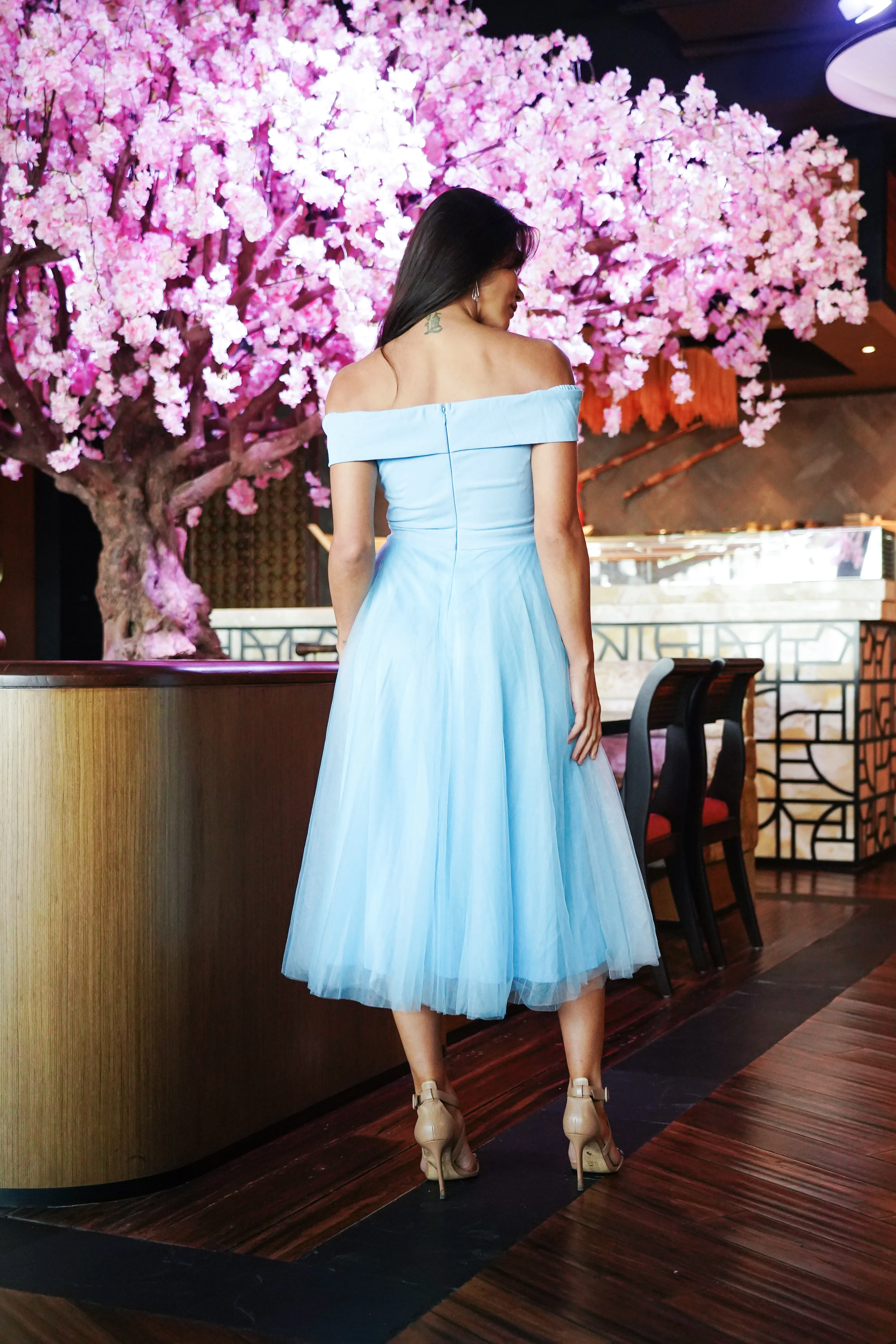 Blue Tulle Midi Dress with Slit