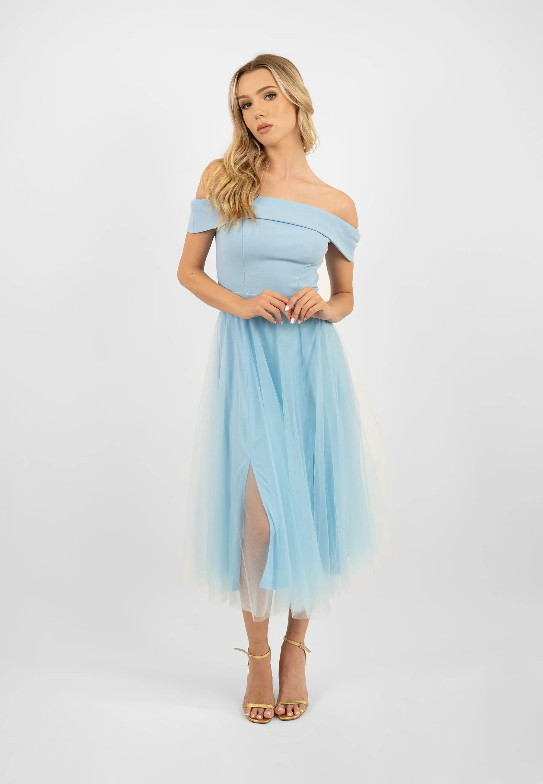 Blue Tulle Midi Dress with Slit