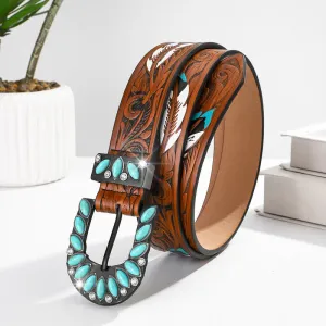 Boho Chic Vintage Feather Print Turquoise Buckle Leather Belt