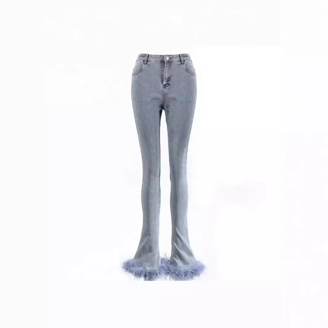 Bottom Pants Design Trousers Jeans Chic Stitching Ostrich Bell Trendy.