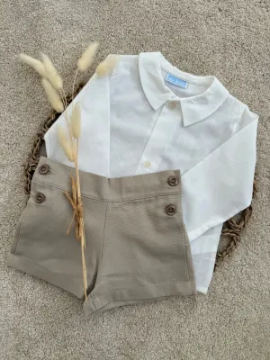 Boys White & Beige Shirt and Shorts Set 6 Months