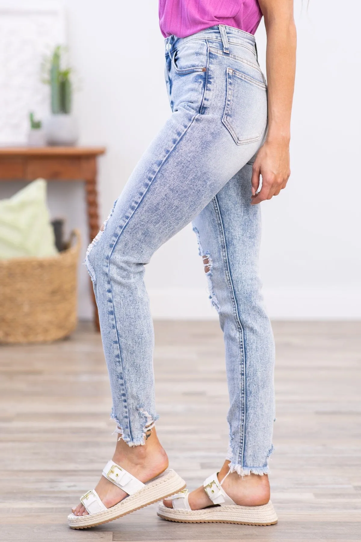 Cello Distressed Hem Slim Straight Jeans