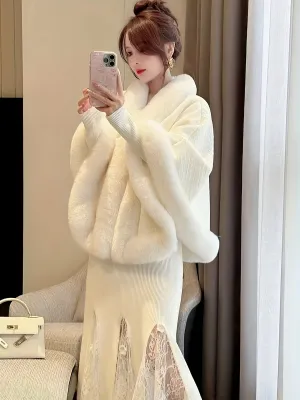 Chic AllSeason Feather Knit Poncho with Faux Fur Trim