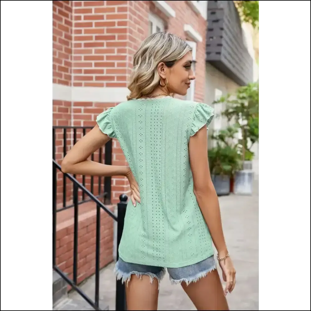 Chic Eyelet Flutter Sleeve V-Neck Top