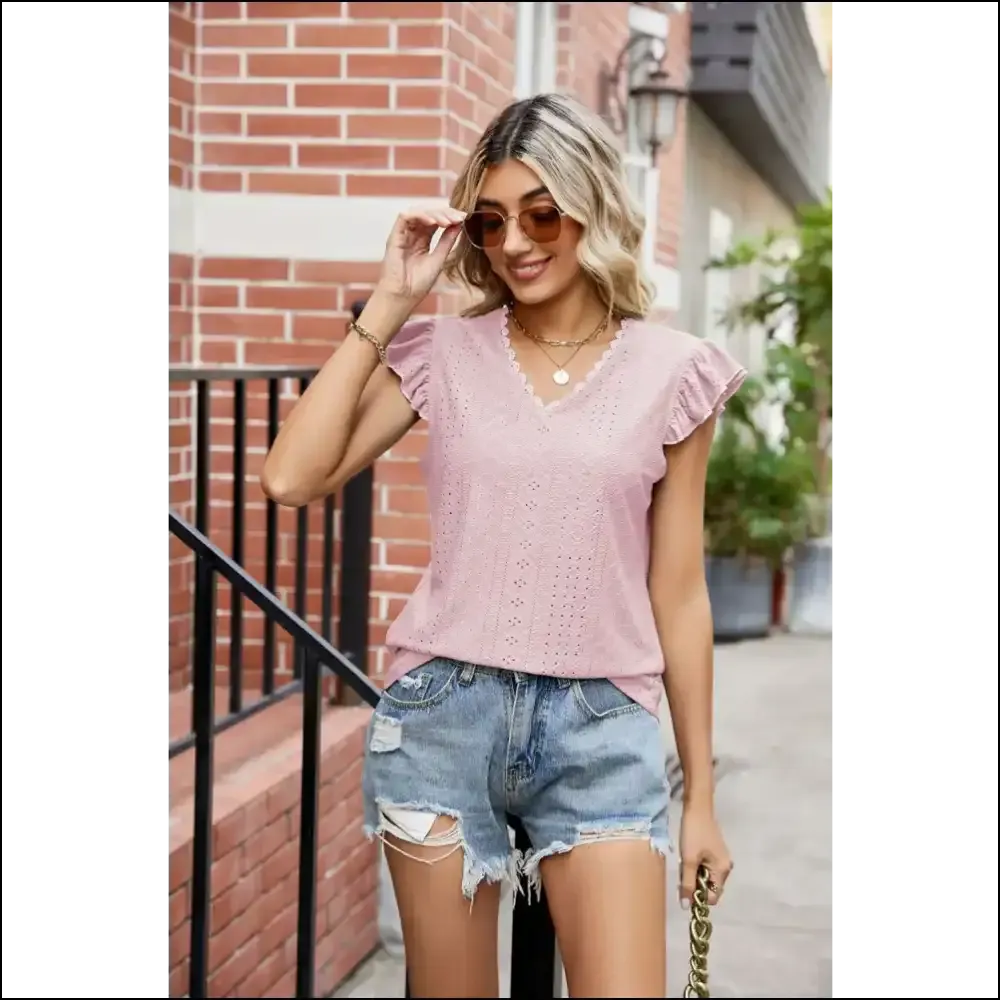 Chic Eyelet Flutter Sleeve V-Neck Top