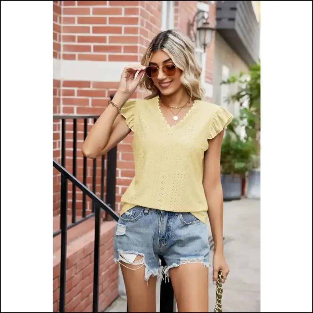 Chic Eyelet Flutter Sleeve V-Neck Top