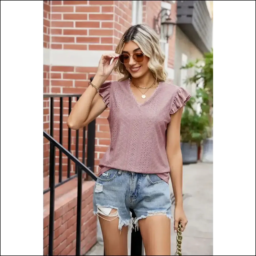 Chic Eyelet Flutter Sleeve V-Neck Top