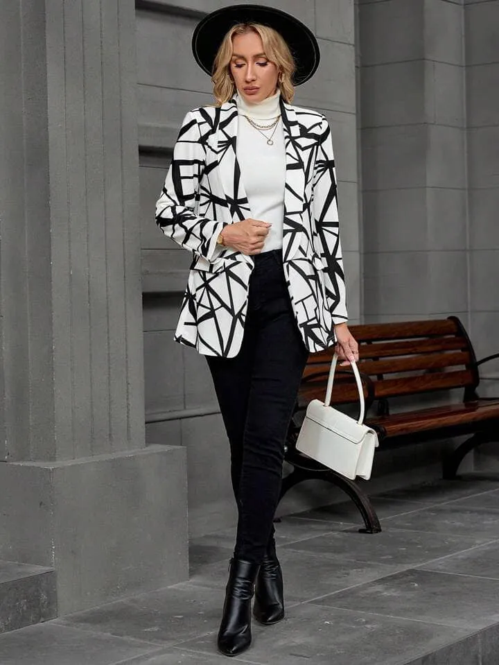 CM-CS046691 Women Casual Seoul Style Geometric Print Lapel Collar Long Sleeve Blazer