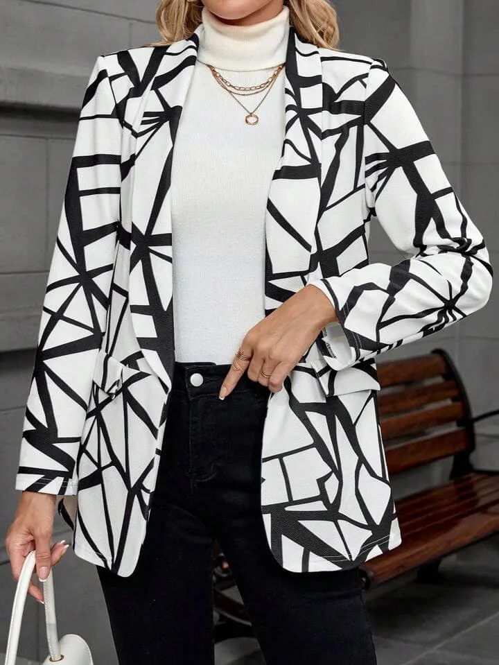 CM-CS046691 Women Casual Seoul Style Geometric Print Lapel Collar Long Sleeve Blazer